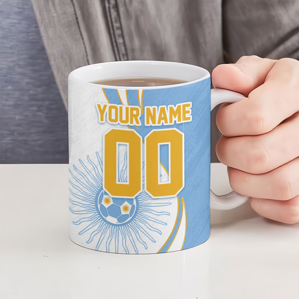 Personalized Argentina Football Fan Pride Ceramic Mug Sun Of May Motif With Distressed Textures And Waves