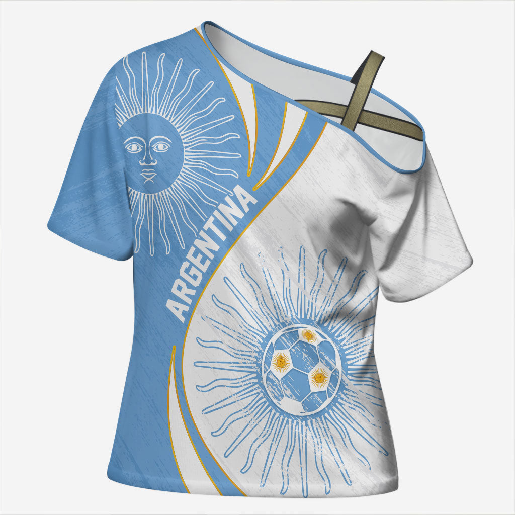 Personalized Argentina Football Fan Pride Cross Shoulder Shirt Sun Of May Motif With Distressed Textures And Waves