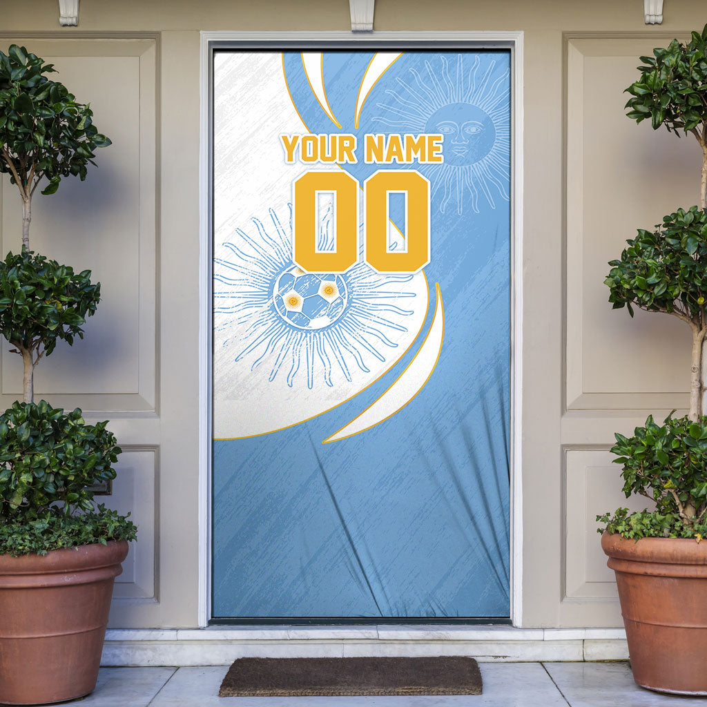 Personalized Argentina Football Fan Pride Door Cover Sun Of May Motif With Distressed Textures And Waves