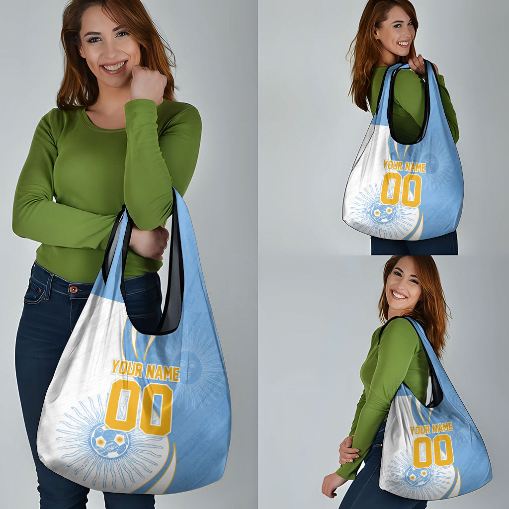 Personalized Argentina Football Fan Pride Grocery Bag Sun Of May Motif With Distressed Textures And Waves