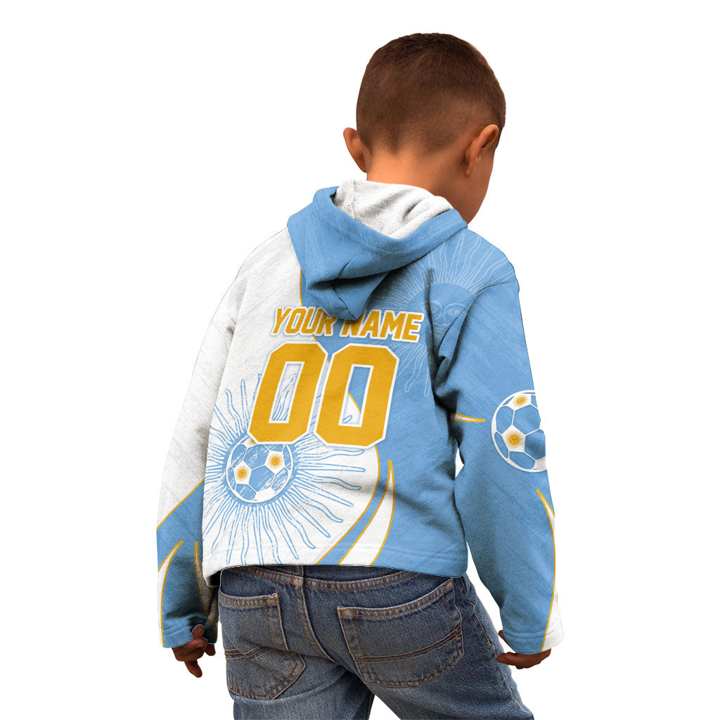 Personalized Argentina Football Fan Pride Kid Hoodie Sun Of May Motif With Distressed Textures And Waves