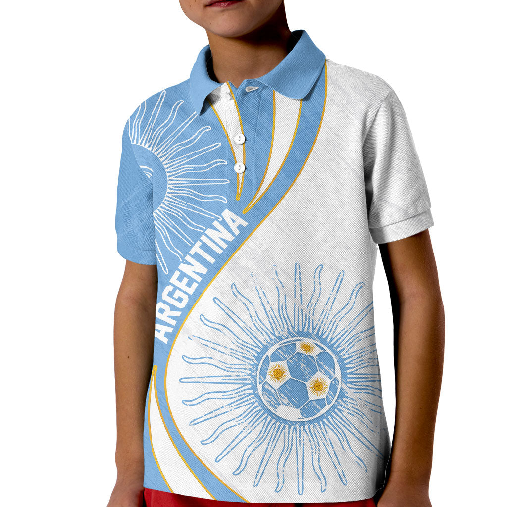 Personalized Argentina Football Fan Pride Kid Polo Shirt Sun Of May Motif With Distressed Textures And Waves