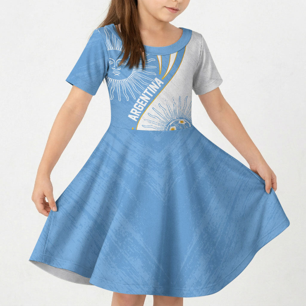 Personalized Argentina Football Fan Pride Kid Short Sleeve Dress Sun Of May Motif With Distressed Textures And Waves