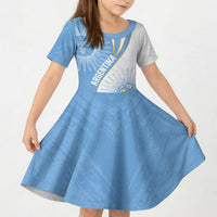 Personalized Argentina Football Fan Pride Kid Short Sleeve Dress Sun Of May Motif With Distressed Textures And Waves