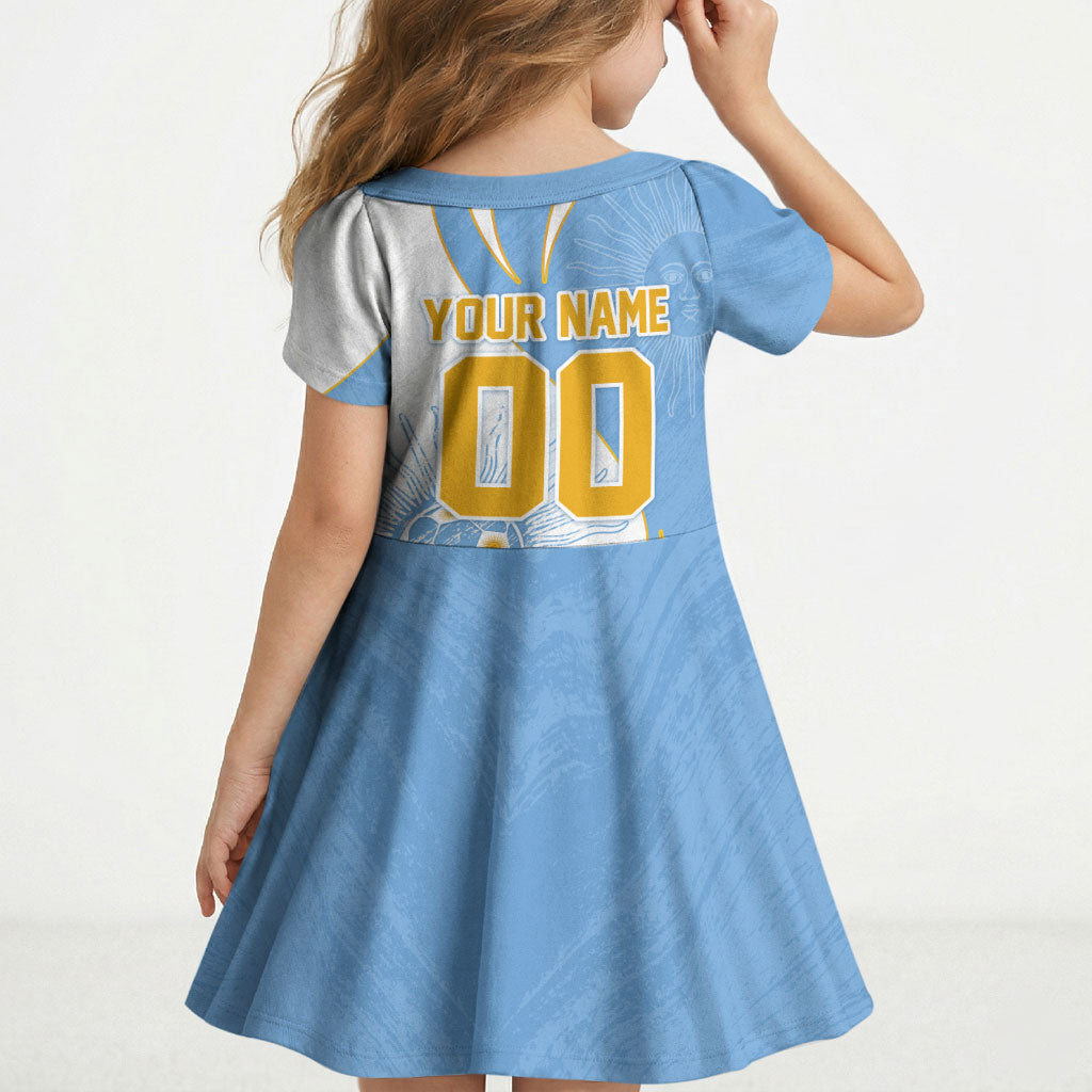 Personalized Argentina Football Fan Pride Kid Short Sleeve Dress Sun Of May Motif With Distressed Textures And Waves