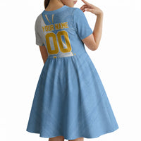 Personalized Argentina Football Fan Pride Kid Short Sleeve Dress Sun Of May Motif With Distressed Textures And Waves