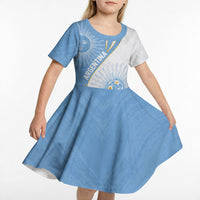 Personalized Argentina Football Fan Pride Kid Short Sleeve Dress Sun Of May Motif With Distressed Textures And Waves