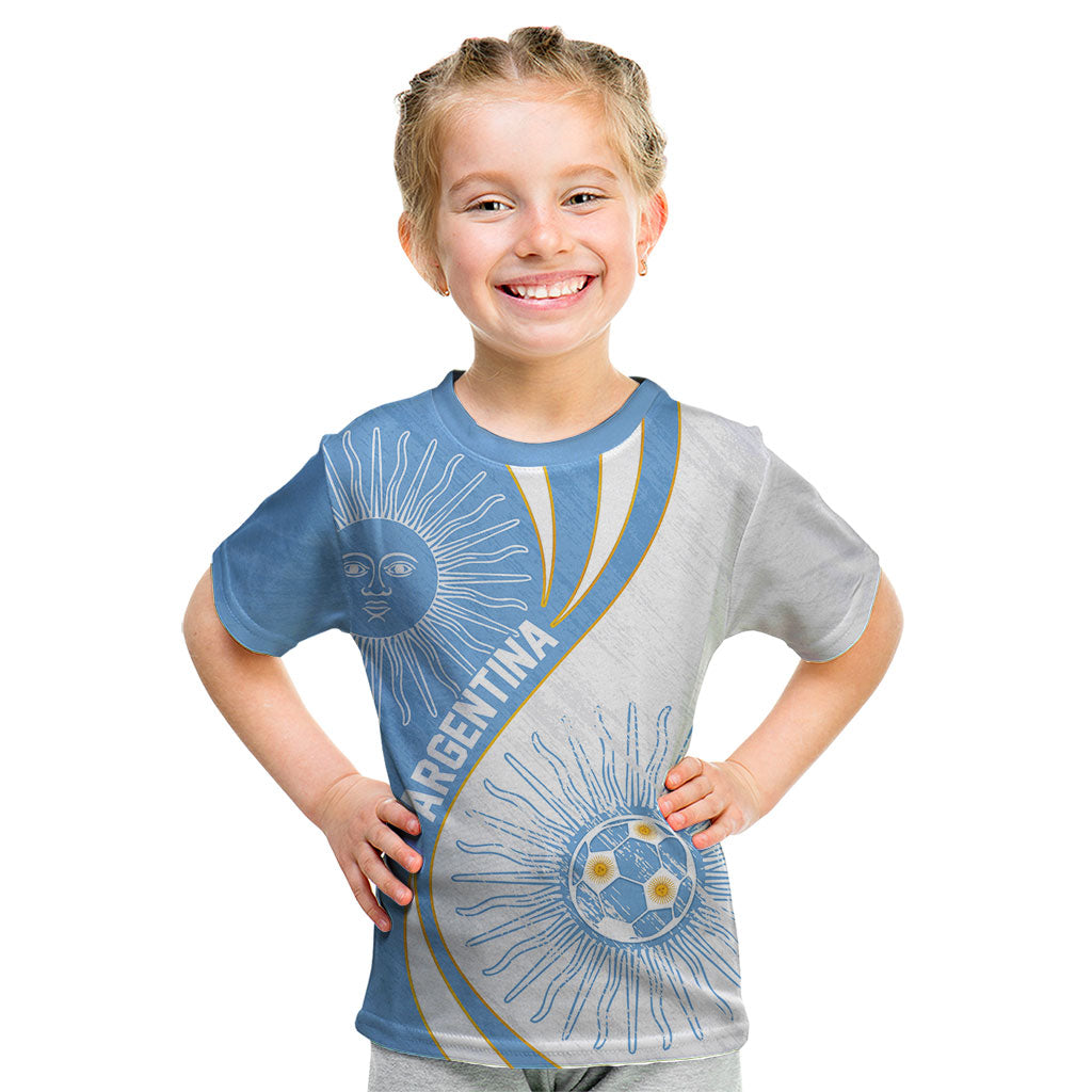 Personalized Argentina Football Fan Pride Kid T Shirt Sun Of May Motif With Distressed Textures And Waves