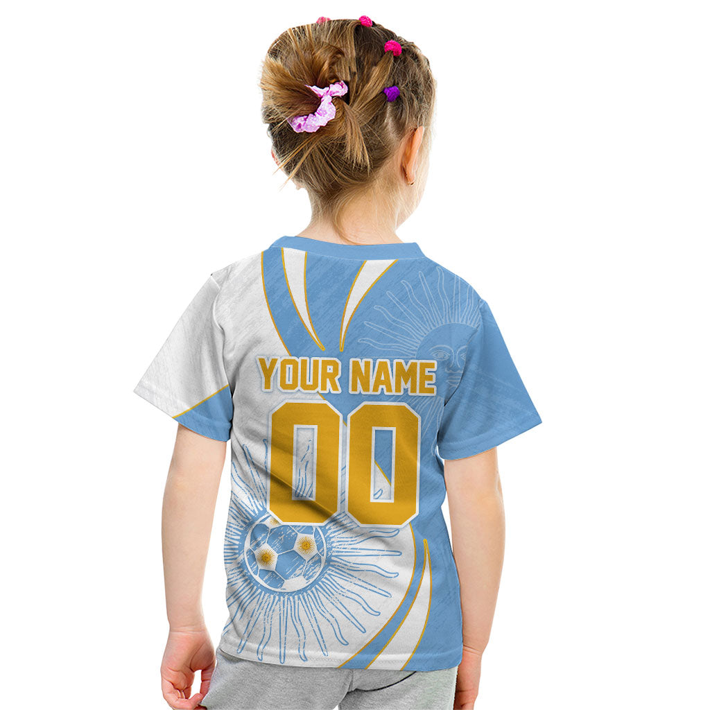 Personalized Argentina Football Fan Pride Kid T Shirt Sun Of May Motif With Distressed Textures And Waves