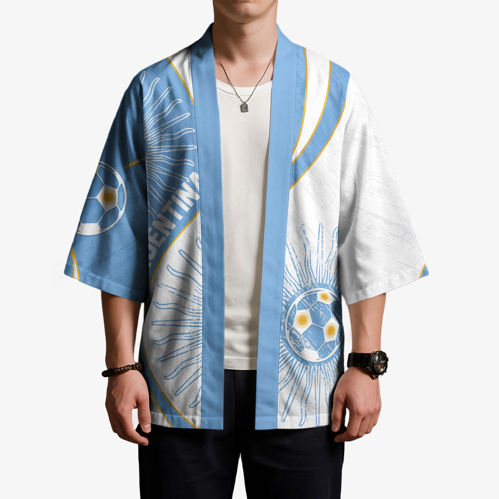Personalized Argentina Football Fan Pride Kimono Sun Of May Motif With Distressed Textures And Waves