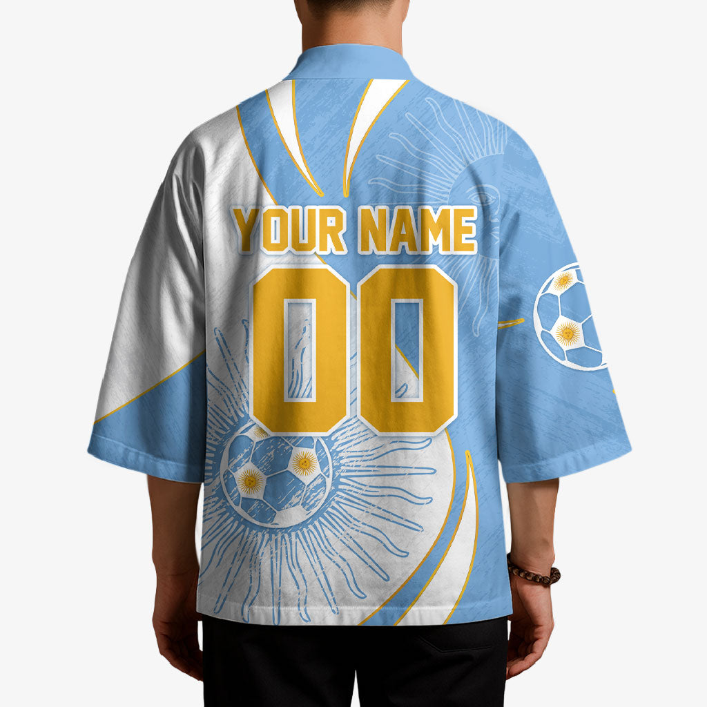 Personalized Argentina Football Fan Pride Kimono Sun Of May Motif With Distressed Textures And Waves