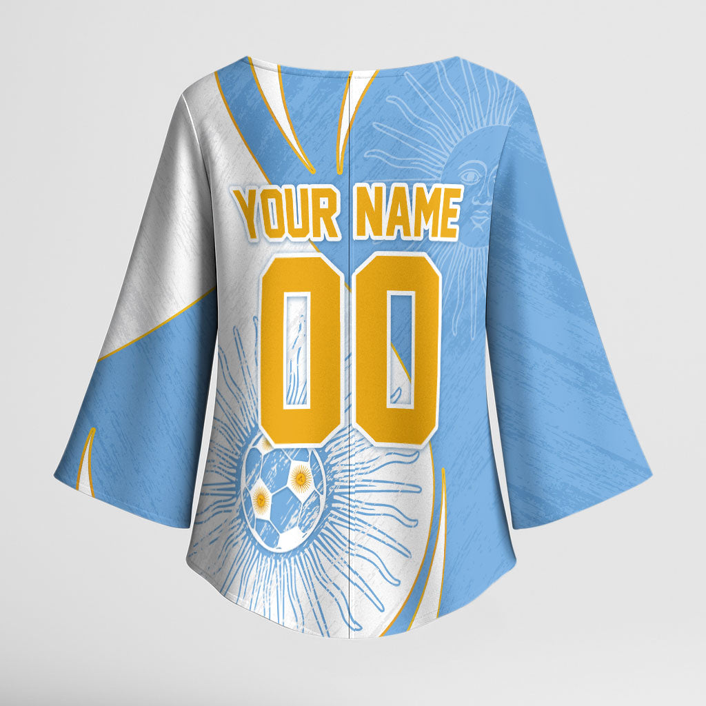 Personalized Argentina Football Fan Pride Kimono Sleeve Blouse Sun Of May Motif With Distressed Textures And Waves