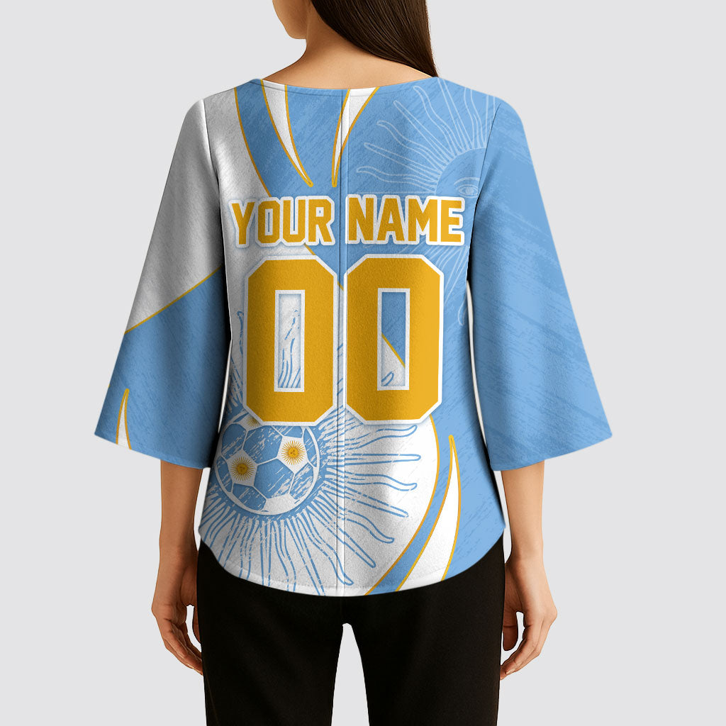 Personalized Argentina Football Fan Pride Kimono Sleeve Blouse Sun Of May Motif With Distressed Textures And Waves