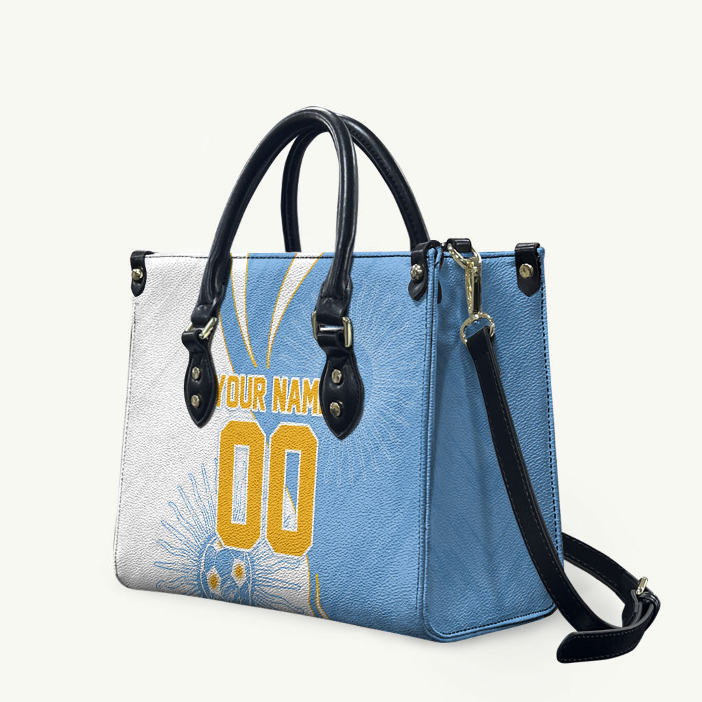 Personalized Argentina Football Fan Pride Leather Bag Sun Of May Motif With Distressed Textures And Waves