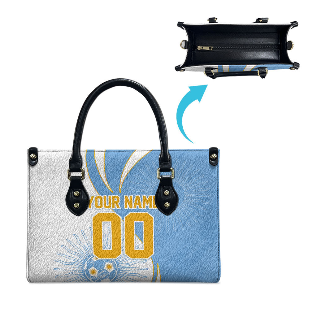Personalized Argentina Football Fan Pride Leather Bag Sun Of May Motif With Distressed Textures And Waves