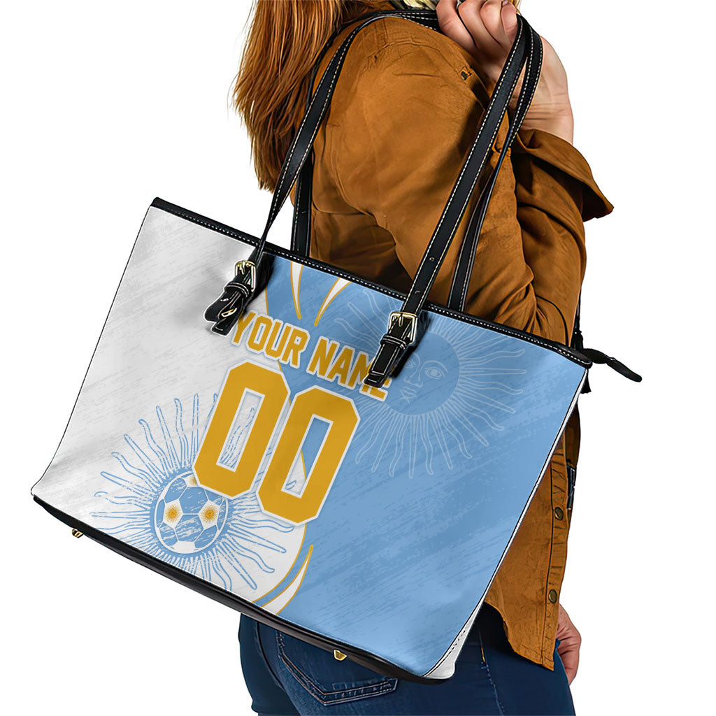 Personalized Argentina Football Fan Pride Leather Tote Bag Sun Of May Motif With Distressed Textures And Waves