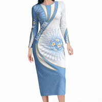 Personalized Argentina Football Fan Pride Long Sleeve Bodycon Dress Sun Of May Motif With Distressed Textures And Waves