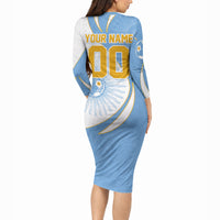 Personalized Argentina Football Fan Pride Long Sleeve Bodycon Dress Sun Of May Motif With Distressed Textures And Waves