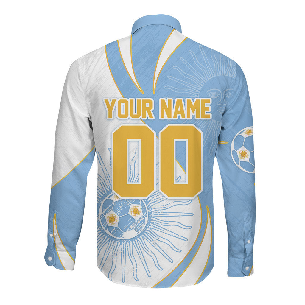 Personalized Argentina Football Fan Pride Long Sleeve Button Shirt Sun Of May Motif With Distressed Textures And Waves