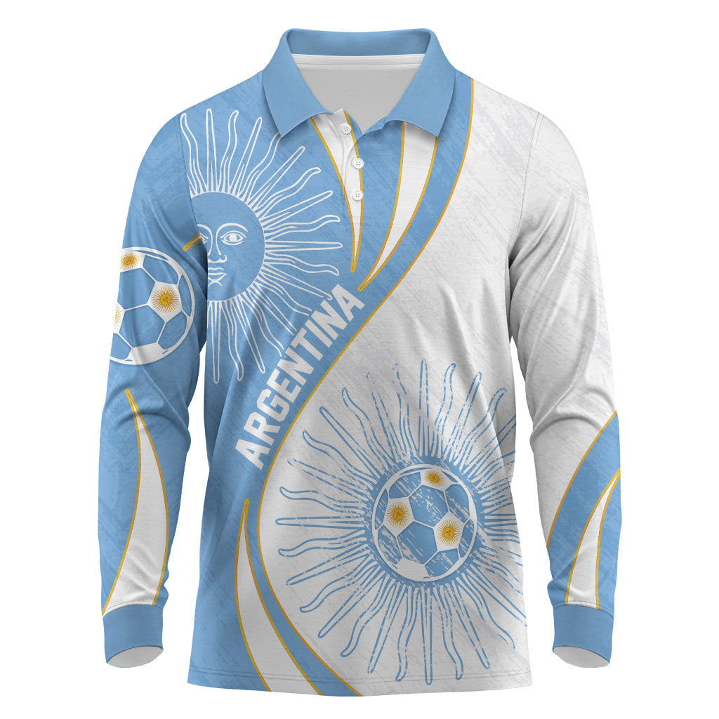 Personalized Argentina Football Fan Pride Long Sleeve Polo Shirt Sun Of May Motif With Distressed Textures And Waves