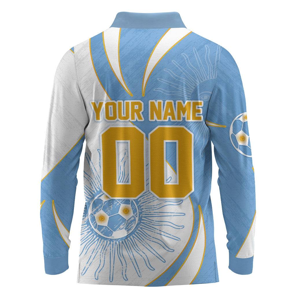 Personalized Argentina Football Fan Pride Long Sleeve Polo Shirt Sun Of May Motif With Distressed Textures And Waves