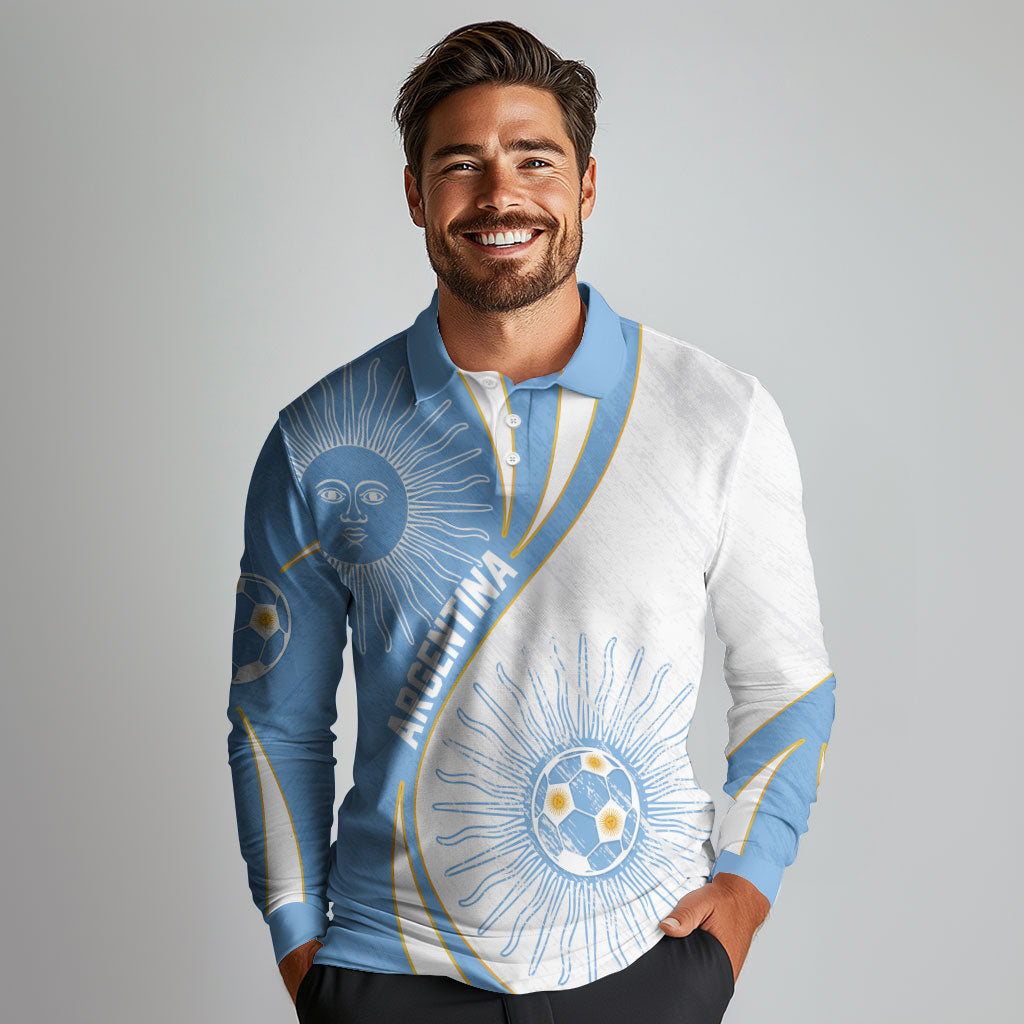 Personalized Argentina Football Fan Pride Long Sleeve Polo Shirt Sun Of May Motif With Distressed Textures And Waves