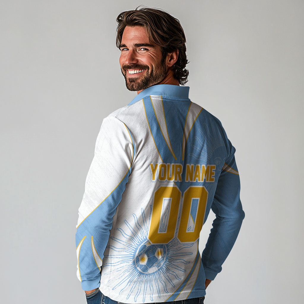 Personalized Argentina Football Fan Pride Long Sleeve Polo Shirt Sun Of May Motif With Distressed Textures And Waves