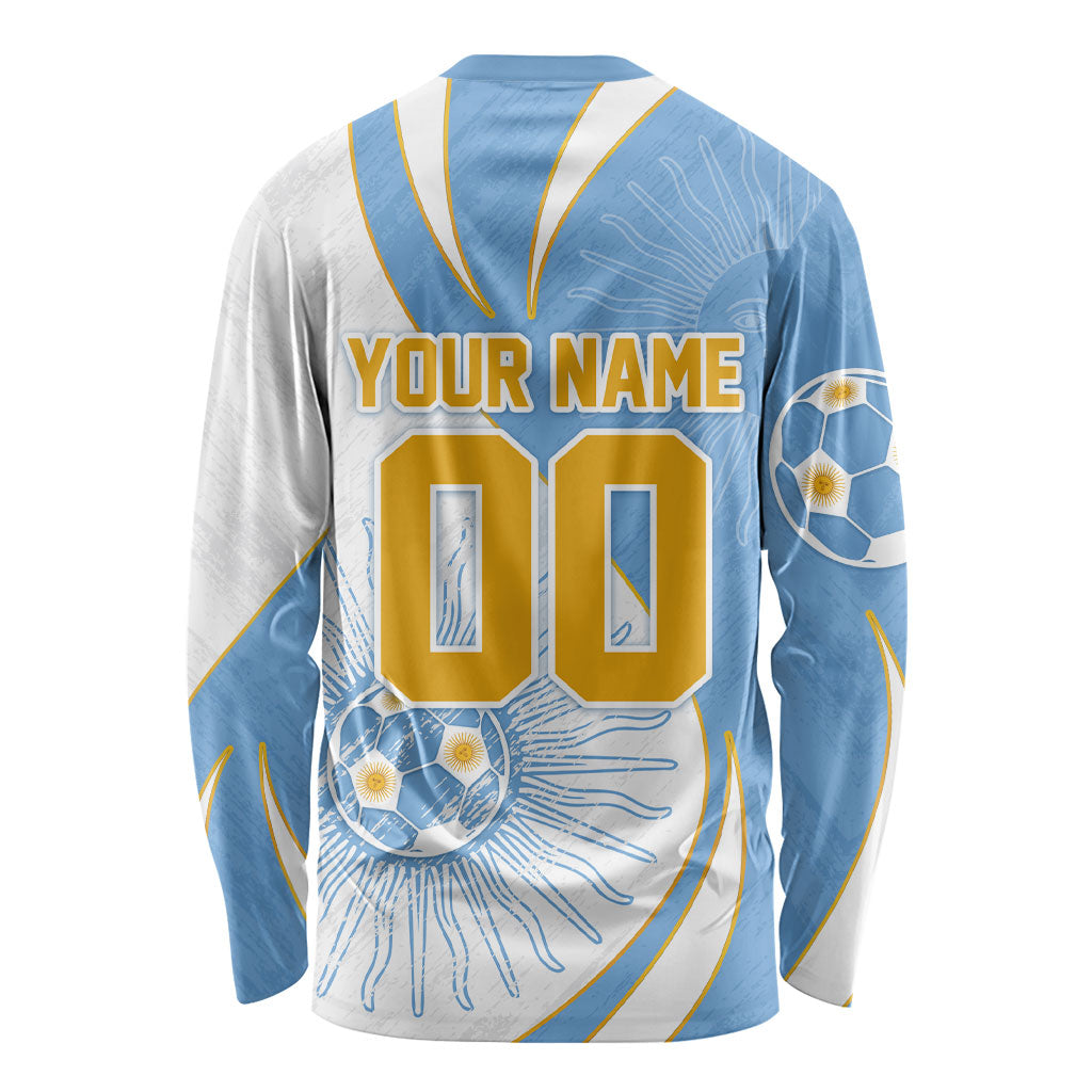 Personalized Argentina Football Fan Pride Long Sleeve Shirt Sun Of May Motif With Distressed Textures And Waves