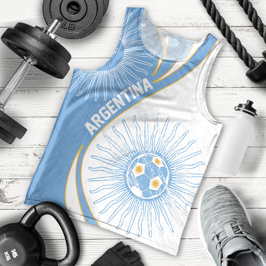 Personalized Argentina Football Fan Pride Men Tank Top Sun Of May Motif With Distressed Textures And Waves