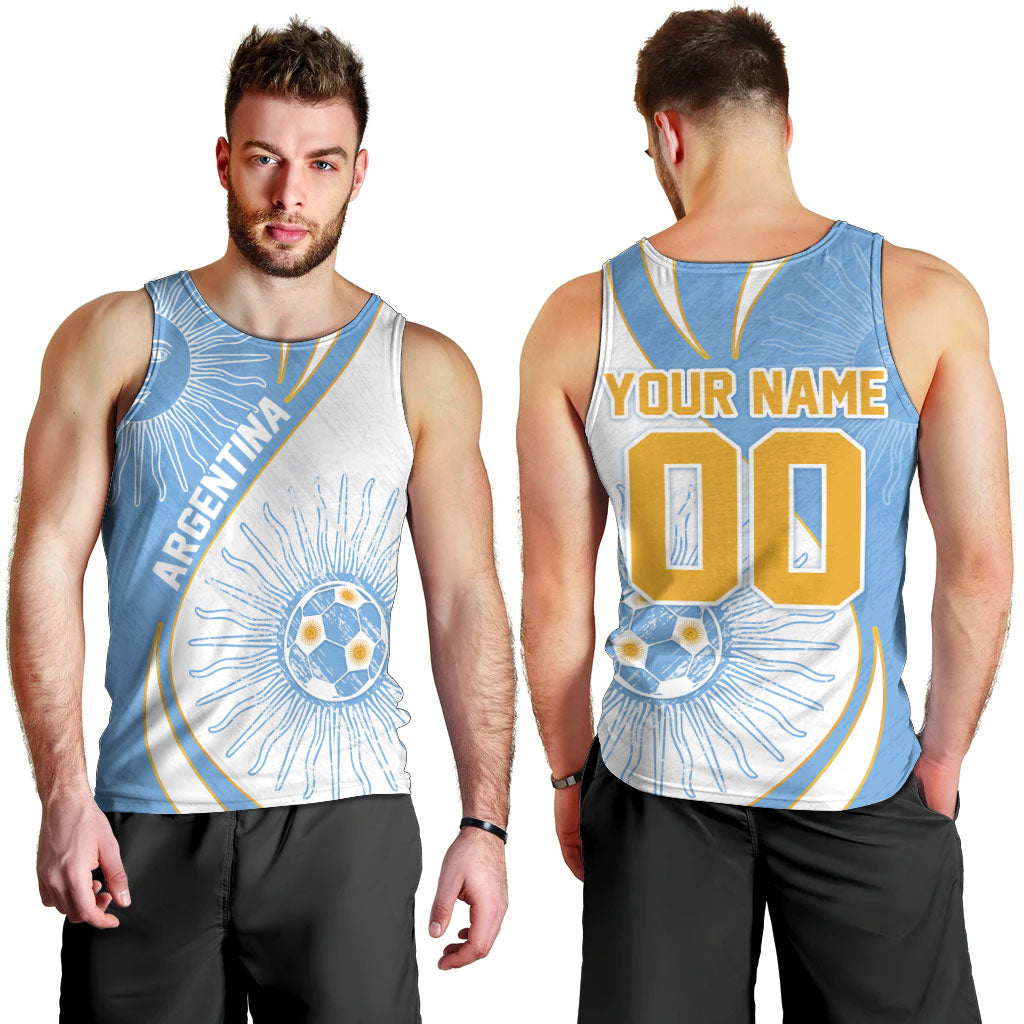 Personalized Argentina Football Fan Pride Men Tank Top Sun Of May Motif With Distressed Textures And Waves