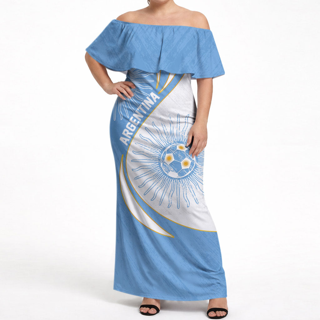 Personalized Argentina Football Fan Pride Off Shoulder Maxi Dress Sun Of May Motif With Distressed Textures And Waves