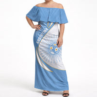 Personalized Argentina Football Fan Pride Off Shoulder Maxi Dress Sun Of May Motif With Distressed Textures And Waves