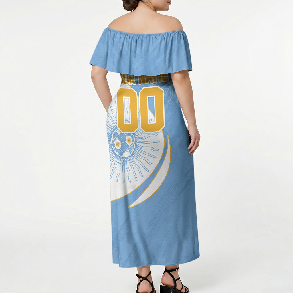 Personalized Argentina Football Fan Pride Off Shoulder Maxi Dress Sun Of May Motif With Distressed Textures And Waves