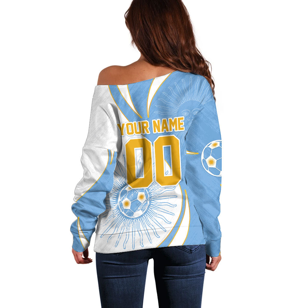 Personalized Argentina Football Fan Pride Off Shoulder Sweater Sun Of May Motif With Distressed Textures And Waves