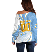 Personalized Argentina Football Fan Pride Off Shoulder Sweater Sun Of May Motif With Distressed Textures And Waves