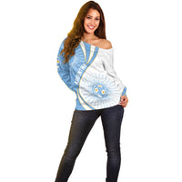 Personalized Argentina Football Fan Pride Off Shoulder Sweater Sun Of May Motif With Distressed Textures And Waves