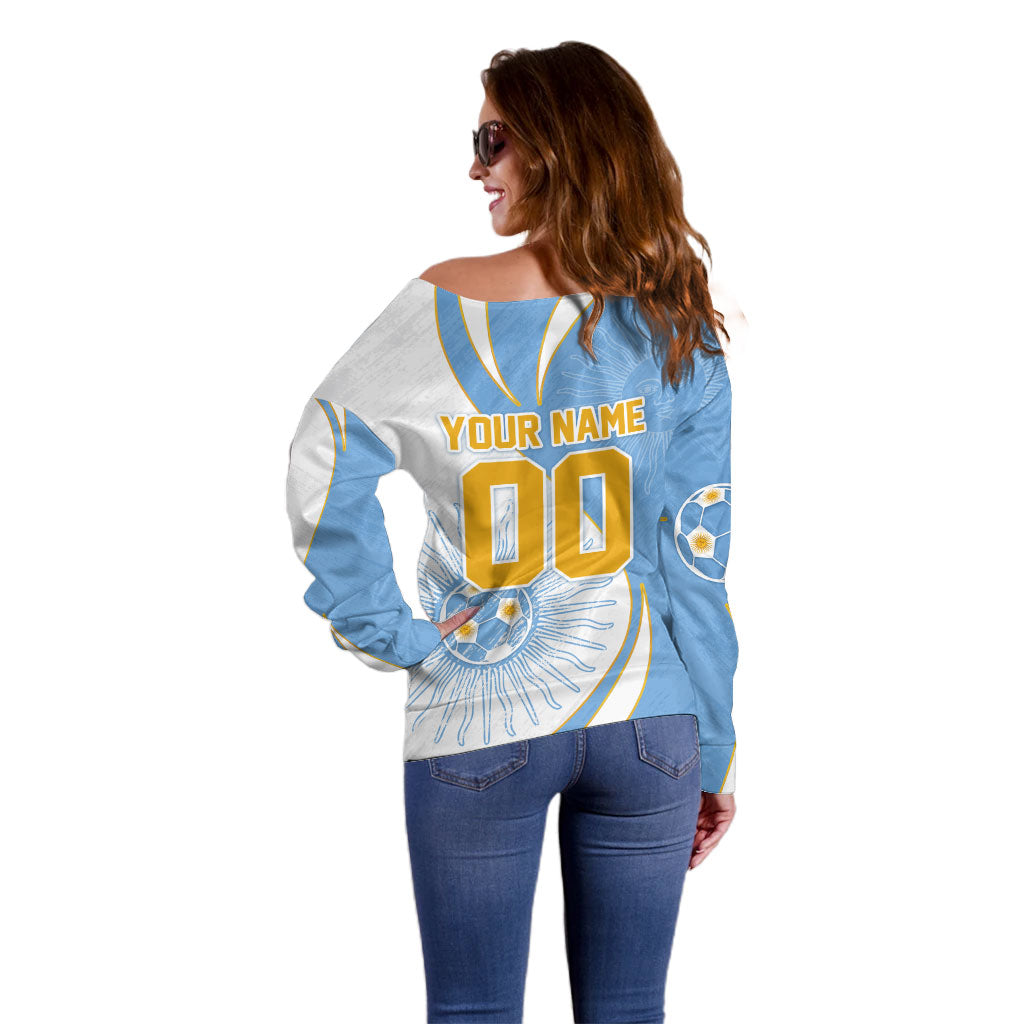 Personalized Argentina Football Fan Pride Off Shoulder Sweater Sun Of May Motif With Distressed Textures And Waves