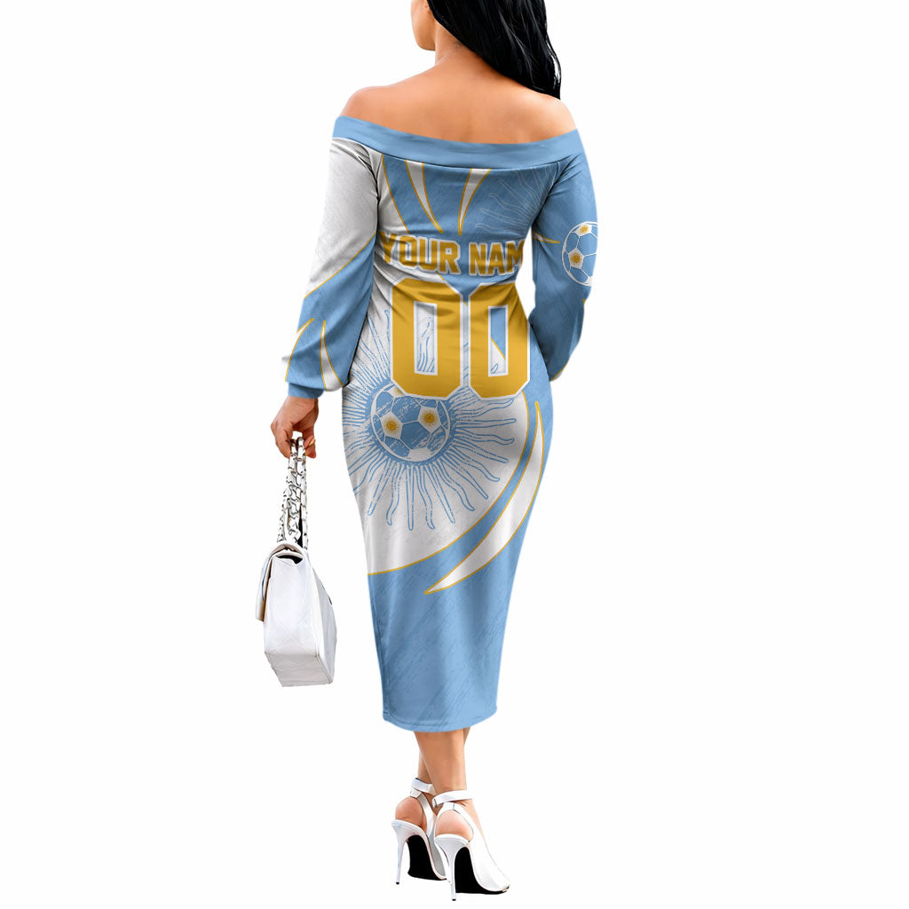 Personalized Argentina Football Fan Pride Off The Shoulder Long Sleeve Dress Sun Of May Motif With Distressed Textures And Waves