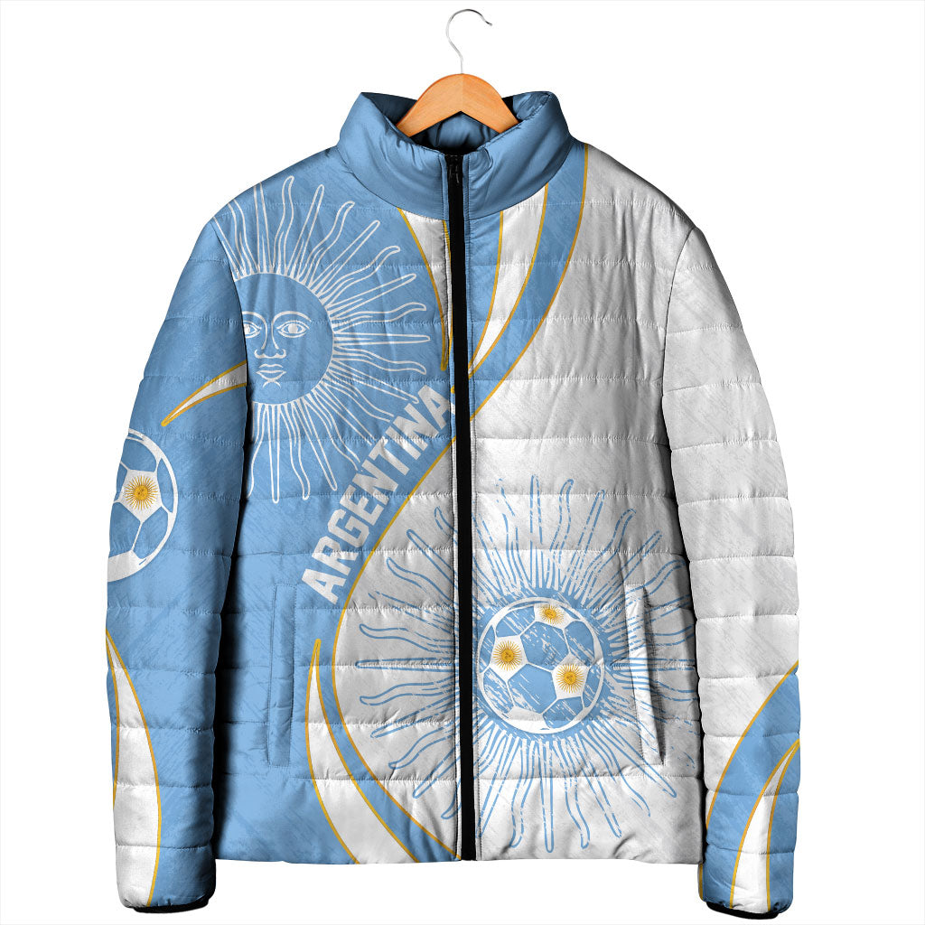 Personalized Argentina Football Fan Pride Padded Jacket Sun Of May Motif With Distressed Textures And Waves