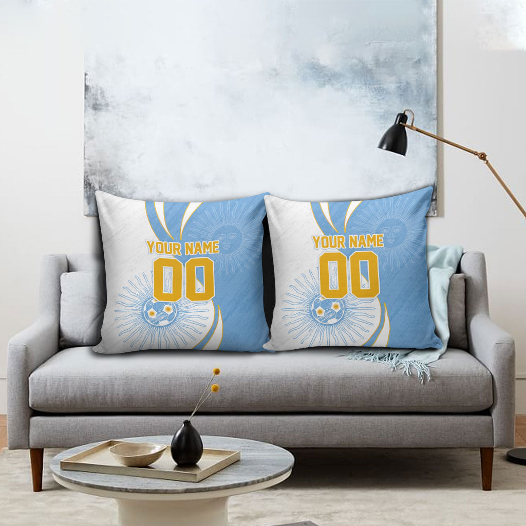 Personalized Argentina Football Fan Pride Pillow Cover Sun Of May Motif With Distressed Textures And Waves