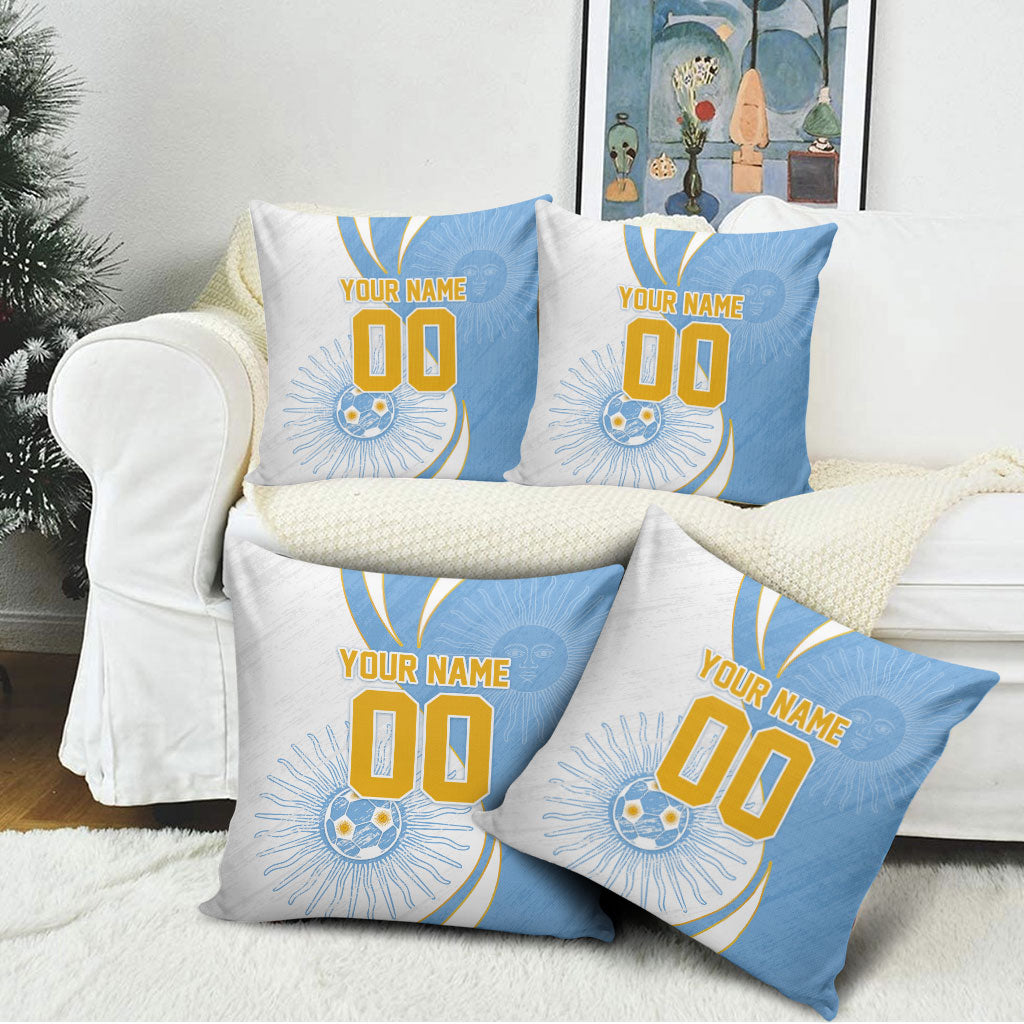 Personalized Argentina Football Fan Pride Pillow Cover Sun Of May Motif With Distressed Textures And Waves