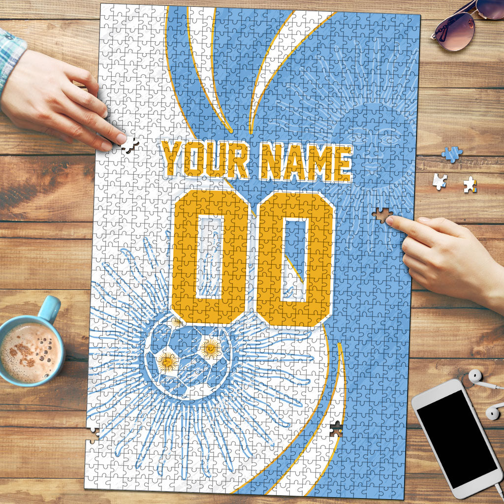 Personalized Argentina Football Fan Pride Puzzle Sun Of May Motif With Distressed Textures And Waves