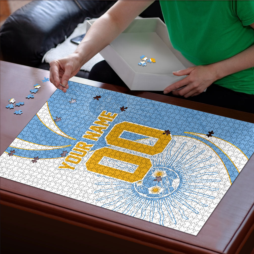 Personalized Argentina Football Fan Pride Puzzle Sun Of May Motif With Distressed Textures And Waves