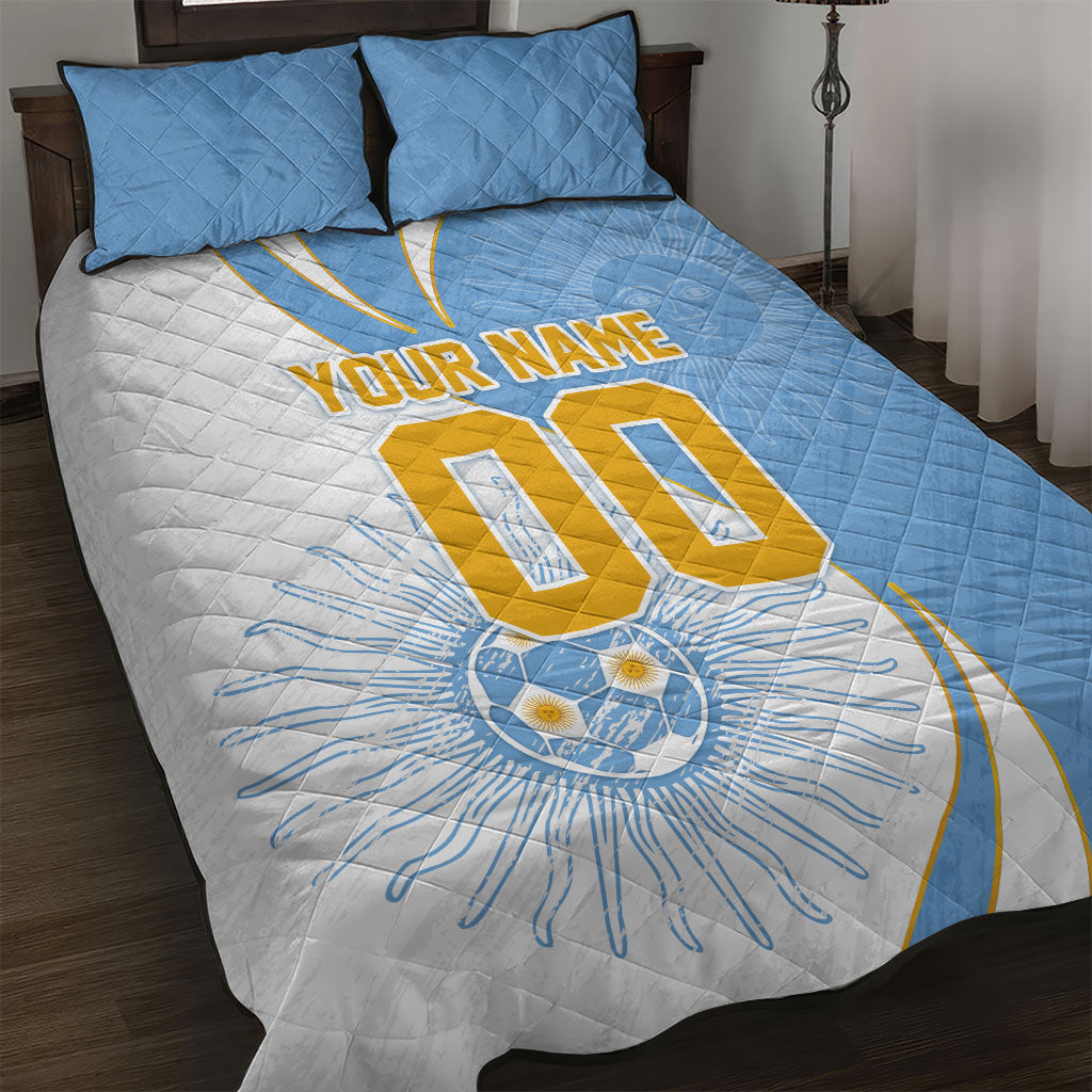 Personalized Argentina Football Fan Pride Quilt Bed Set Sun Of May Motif With Distressed Textures And Waves
