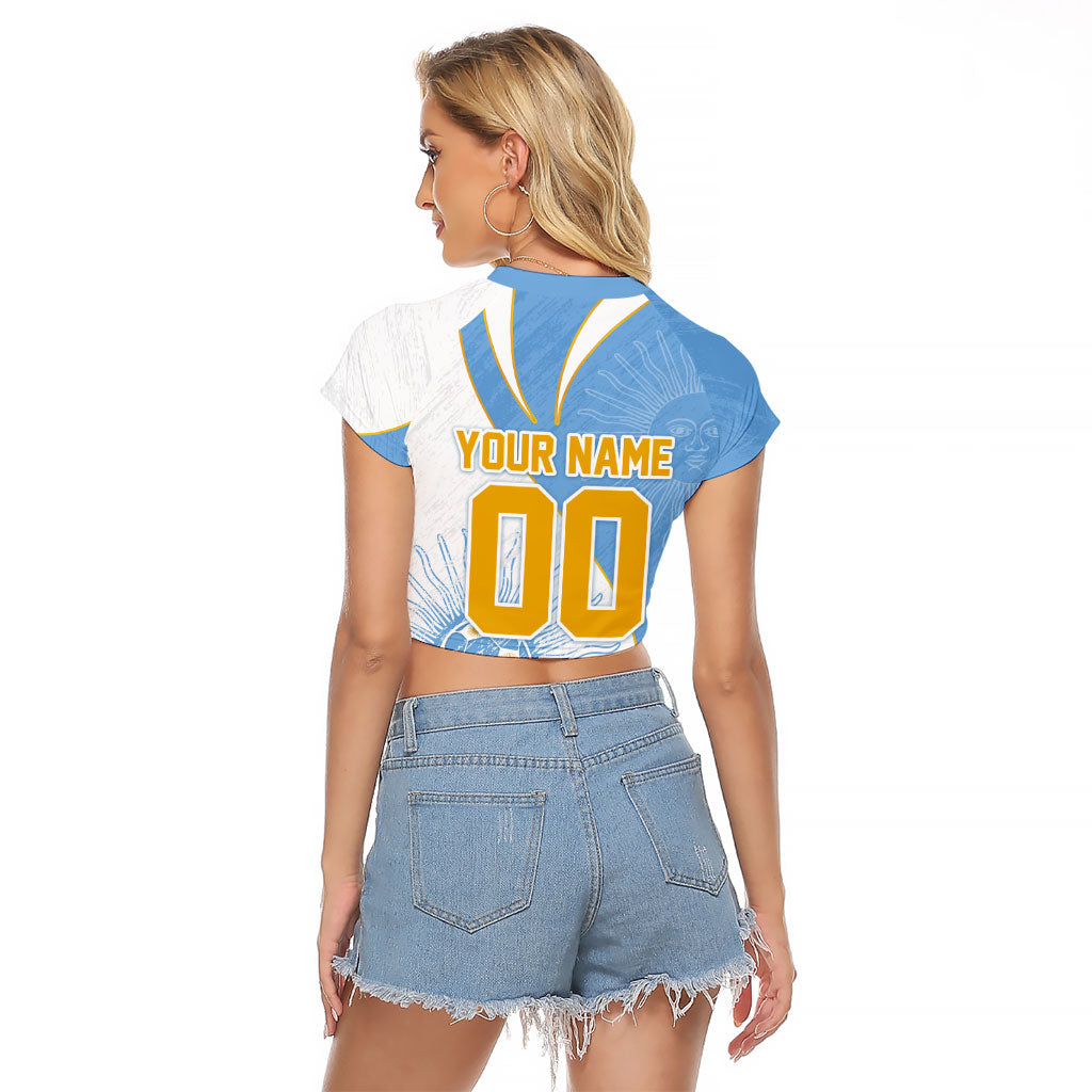 Personalized Argentina Football Fan Pride Raglan Cropped T Shirt Sun Of May Motif With Distressed Textures And Waves