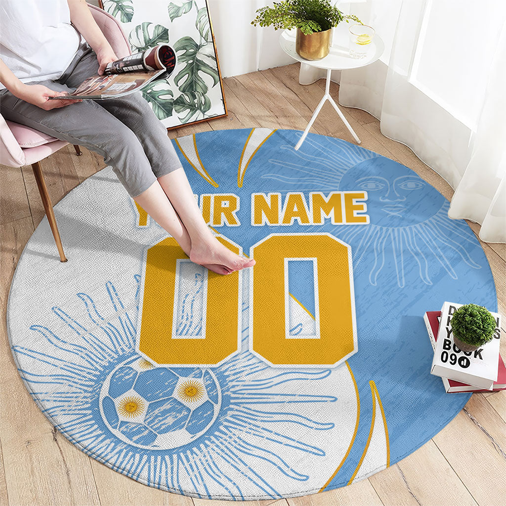 Personalized Argentina Football Fan Pride Round Carpet Sun Of May Motif With Distressed Textures And Waves