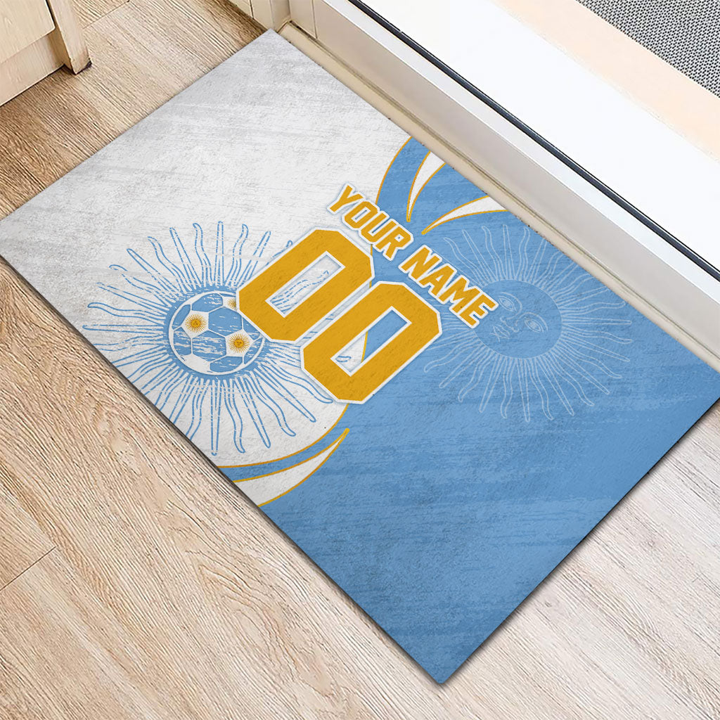 Personalized Argentina Football Fan Pride Rubber Doormat Sun Of May Motif With Distressed Textures And Waves