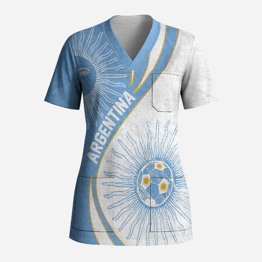 Personalized Argentina Football Fan Pride Scrub Top Sun Of May Motif With Distressed Textures And Waves