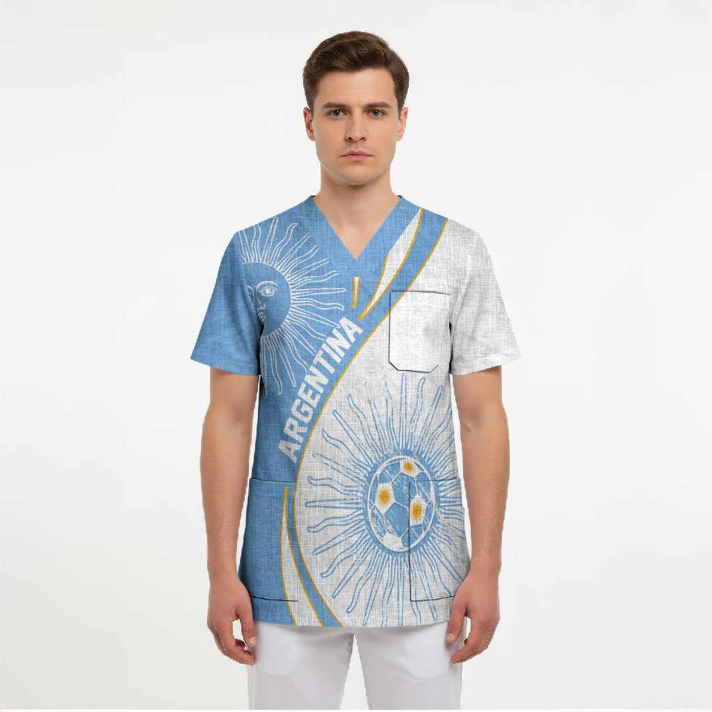 Personalized Argentina Football Fan Pride Scrub Top Sun Of May Motif With Distressed Textures And Waves