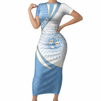 Personalized Argentina Football Fan Pride Short Sleeve Bodycon Dress Sun Of May Motif With Distressed Textures And Waves